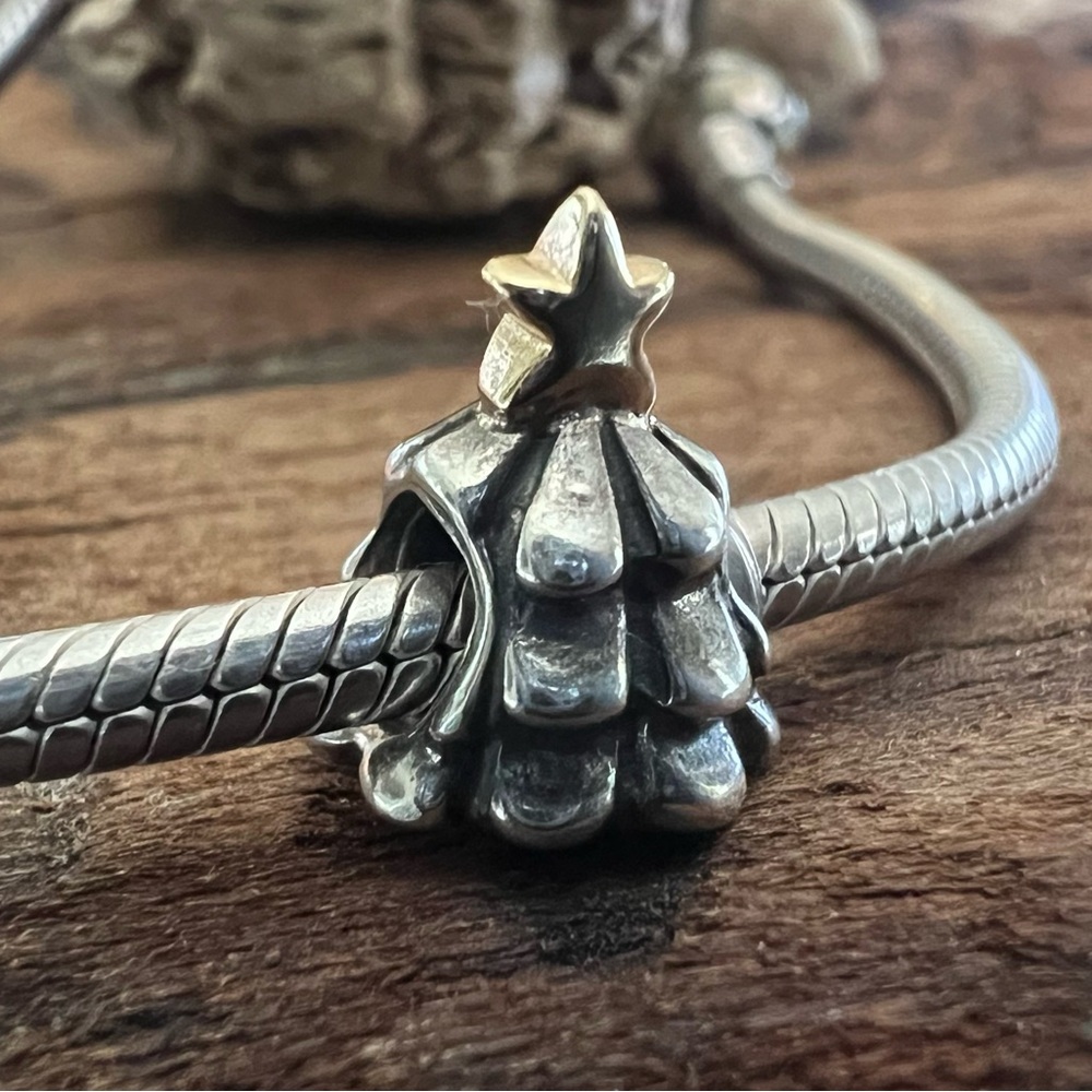 Authentic Pandora Charm Christmas Tree Bead Sterling 14K Gold Two Tone Star